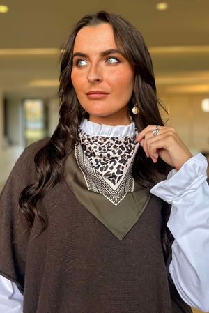 Leopard & Tile Border Triangle Silk Neckerchief Deep Khaki